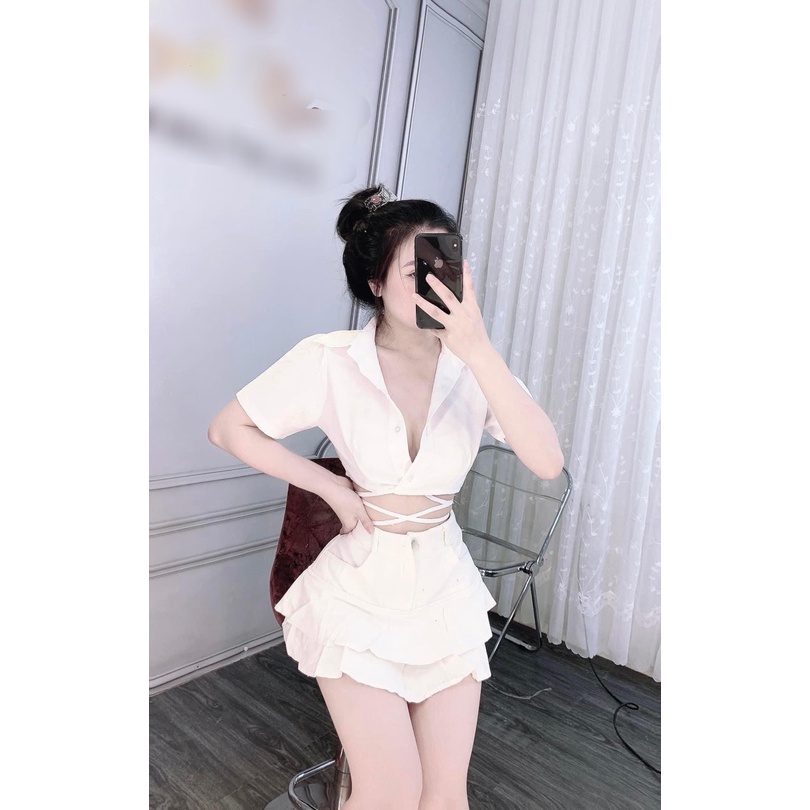 Áo sơ mi nữ trắng đen croptop tay ngắn dây dài Đan chéo eo khoe dáng mix đồ siêu xinh TU