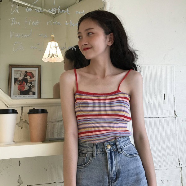 Áo 2 dây ZHELIHANGFEI dệt kim kẻ sọc màu cầu vồng