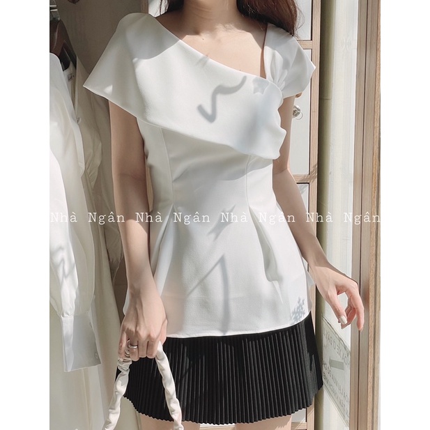 Áo lệch vai sang chảnh chất mềm mịn có lót trong Trắng/Đen