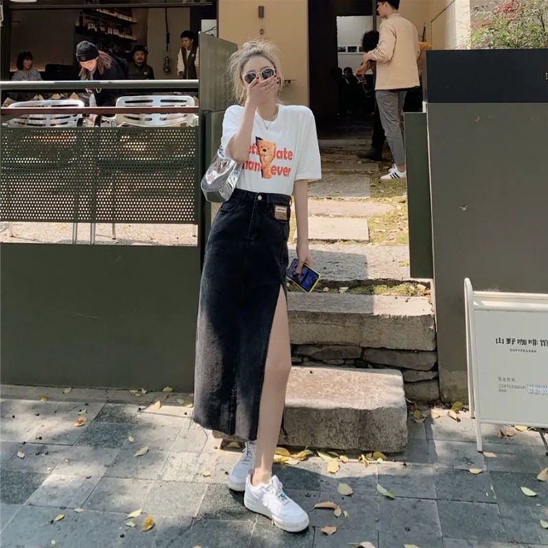 Jiashucheng Chân Váy Denim Lưng Cao Dáng Ôm Xẻ Tà Thời Trang Cá Tính Cho Nữ