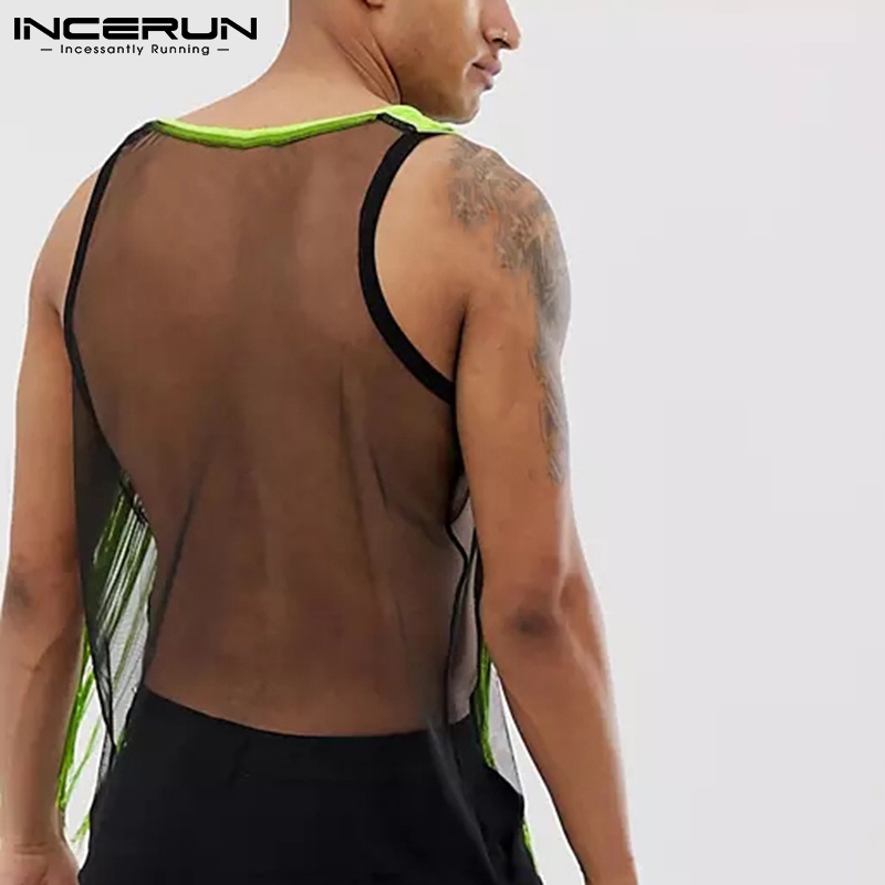 Áo tank top INCERUN cổ tròn phối tua rua xuyên thấu thời trang mùa hè cho nam