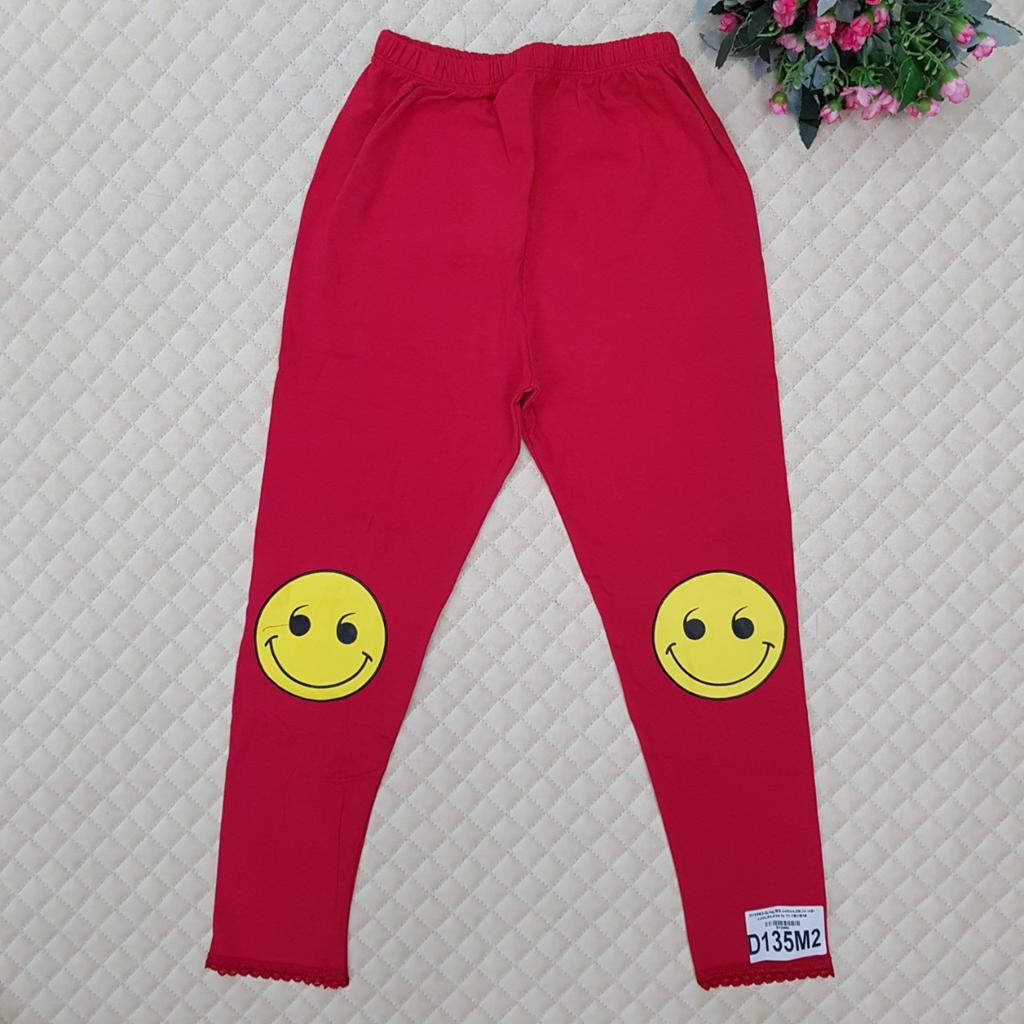 D135-M2- Quần leggin bé gái, cotton, dài, in mặt cười, đỏ, xanh, chọn size theo số kí của bé, màu ngẫu nhiên