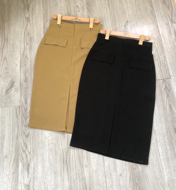 Chân váy bút chì xẻ trước, chất tuyết mưa dày dặn