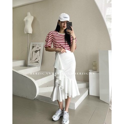 Set áo kẻ ngang + chân váy đuôi cá dài - F204