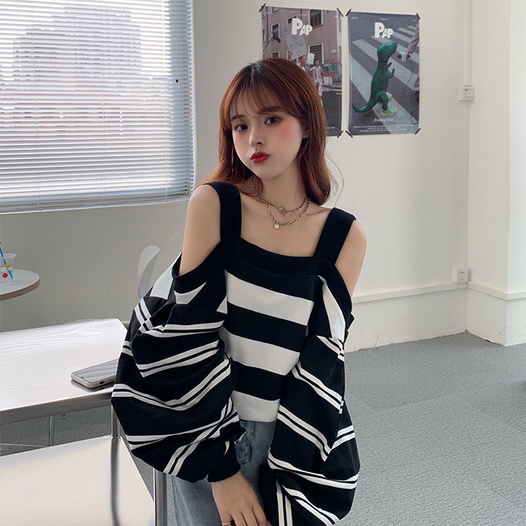 Áo Len Dài Tay Trễ Vai Dáng Rộng Họa Tiết Kẻ Sọc Thời Trang Mùa Thu Hàn Quốc 2020 Xs-4Xl | BigBuy360 - bigbuy360.vn