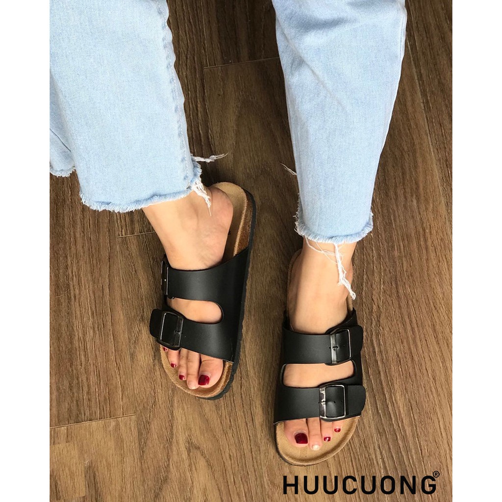 Dép HUUCUONG 2 khóa đen đế trấu