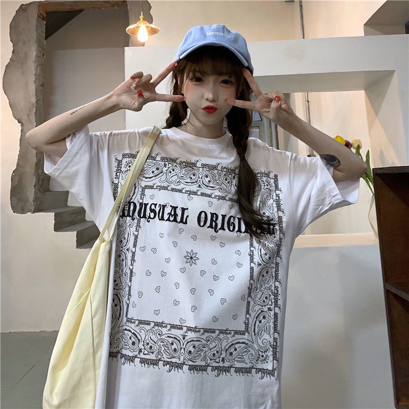 Happy-store  Áo Thun Tay Ngắn Cổ Tròn Dáng Rộng In Họa Tiết Thời Trang Mùa Hè Hàn Quốc Cho Nữ