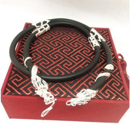 Dây chuyền cao su nam phong thủy Mặt Thiên Long Tròn Đỏ Bạc 925 Cao Cấp