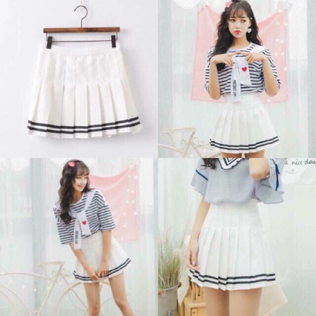 Chân váy tennis thủy thủ cạp cao chân 2 viền sọc năng động( cv xếp ly sọc) | BigBuy360 - bigbuy360.vn
