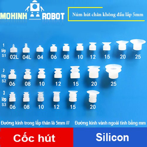 Núm hút chân không 1 lớp đầu lắp 5mm chất liệu silicon