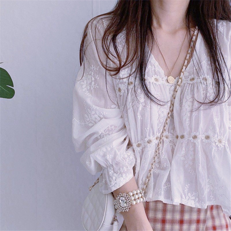 Áo sơ mi hoa cúc trắng dài tay, họa tiết thêu phong cách Hàn Quốc- Lemontaobao1688 | BigBuy360 - bigbuy360.vn