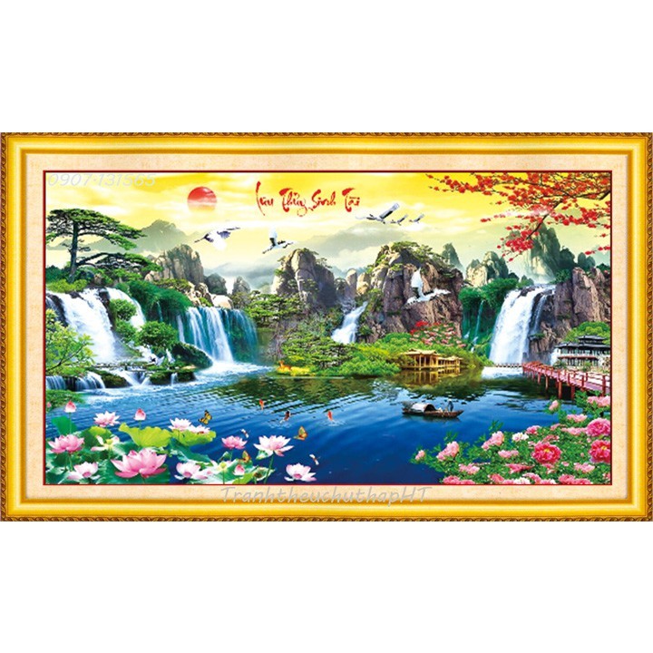 Tranh thêu chữ thập Phong cảnh lưu thủy sinh tài LV3020 (100*55cm: thêu kín), LV3021 (132*70cm: 3D) - tự thêu