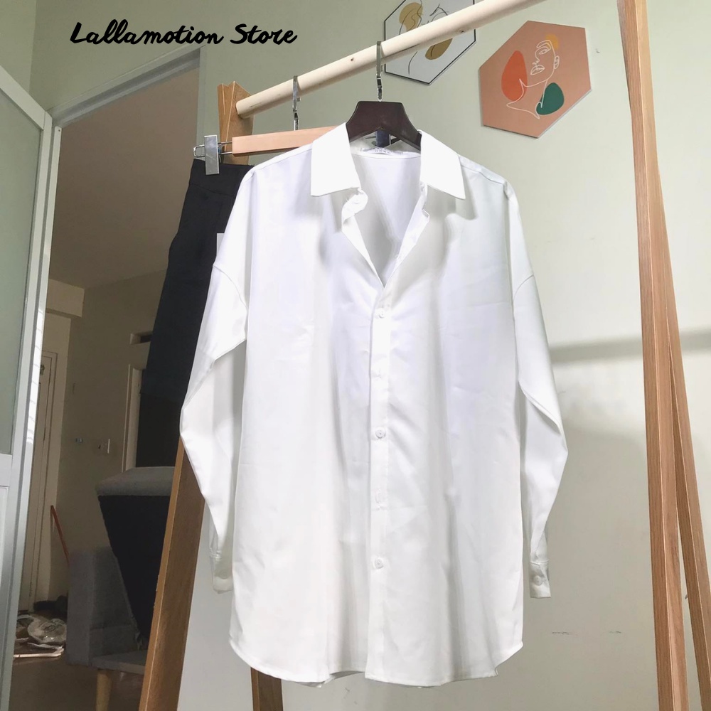 Áo sơ mi nữ trơn basic form rộng lụa hàn kiểu dài tay ulzzang vintage hàn quốc trơn Lallastore 37 | BigBuy360 - bigbuy360.vn