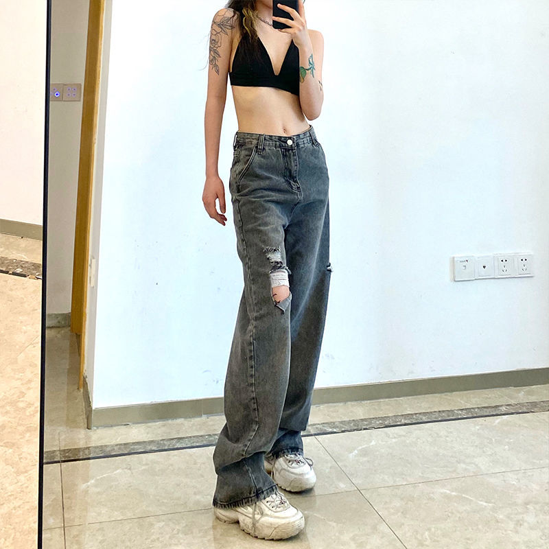 Quần Denim Lưng Cao Ống Rộng Phối Rách Cá Tính Theo Phong Cách Châu Âu | BigBuy360 - bigbuy360.vn