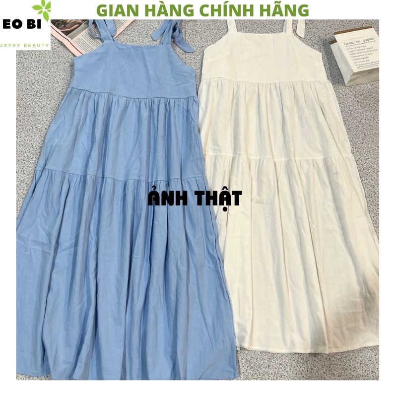 Đầm 2 dây buộc vai - váy babydoll 2 dây thô thắt nơ 2 mầu maxi đi biển cực xinh dễ thương -EOBI