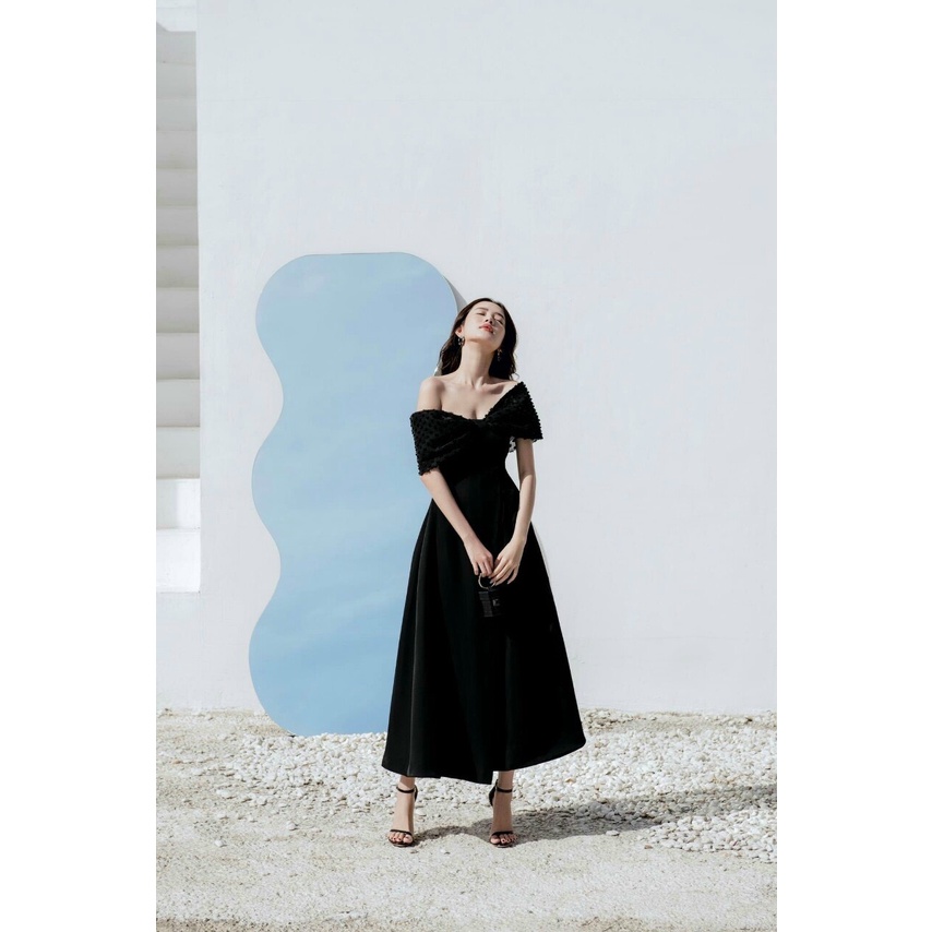 ĐẦM ĐEN TRỄ VAI XÒE TAY VOAN BI, VÁY MIDI Bigsize 66kg – GD227