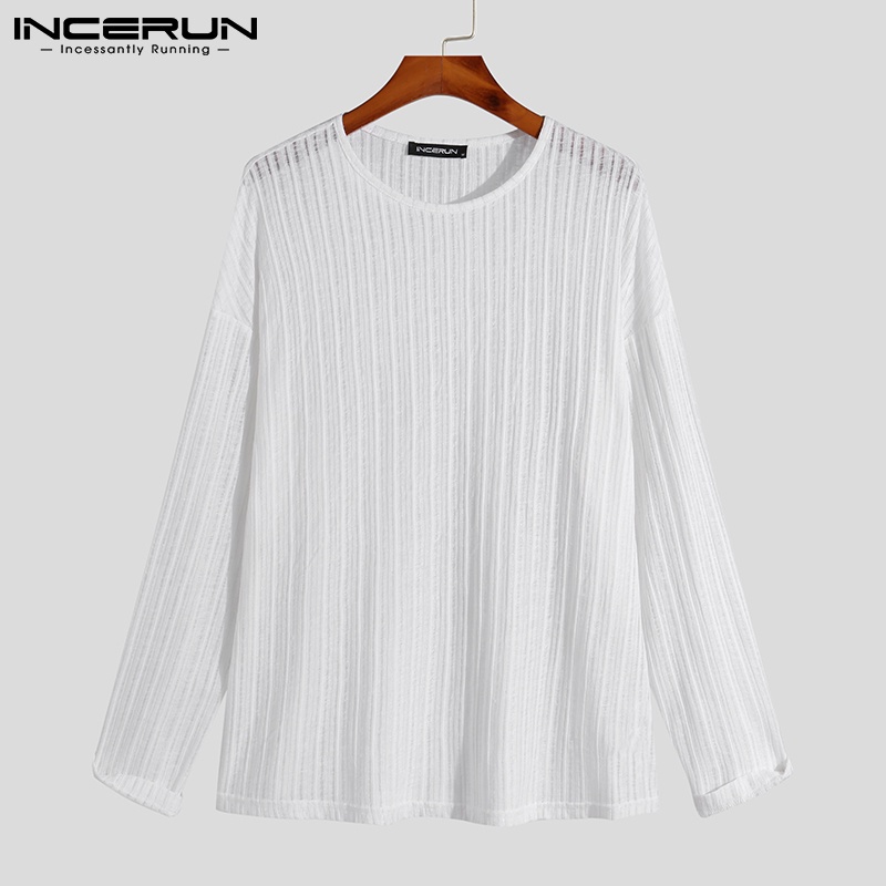 Áo thun nam INCERUN xuyên thấu cổ tròn hoạ tiết sọc dài tay 3 màu sắc thời trang tự chọn