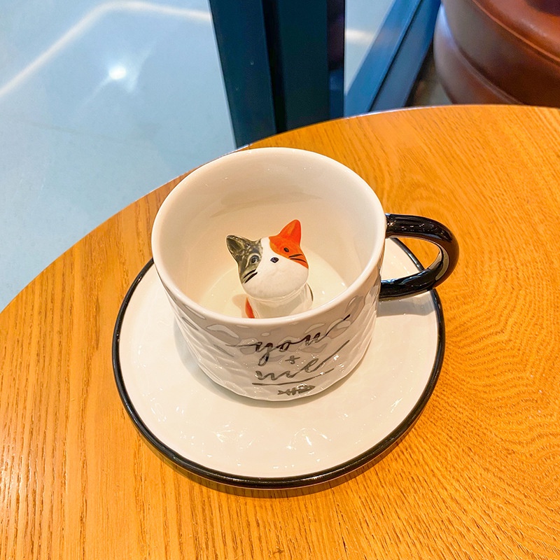 Cốc Sứ Uống Nước Dập Nổi Họa Tiết Mèo Hoạt Hình Dễ Thương Tiện Dụng Cho Gia Đình