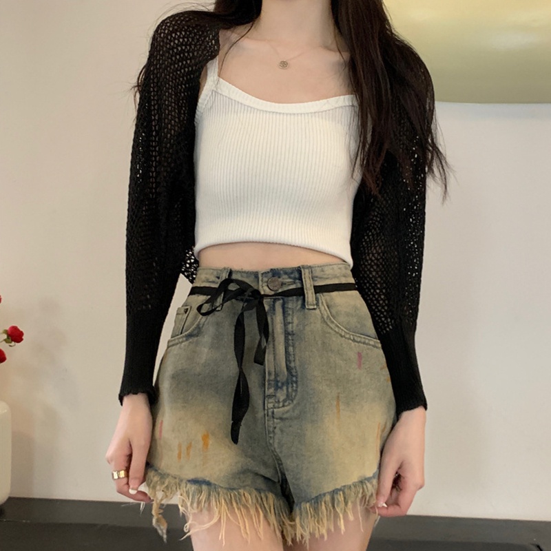 Áo Cardigan Dệt Kim Tay Dài Dáng Rộng Màu Trơn Khoét Lỗ Trước Ngực Cho Nữ