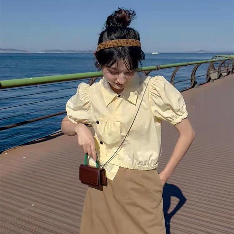 Áo Sơ Mi Tay Ngắn Phồng Thiết Kế Bất Đối Xứng Phong Cách Hàn Quốc Ngọt Ngào Cho Nữ