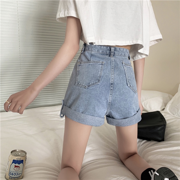 Quần jean short lưng cao dáng rộng phong cách retro Hàn Quốc thời trang mùa hè cho nữ