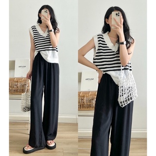 Áo gile kẻ ngang cổ tim _ a0549