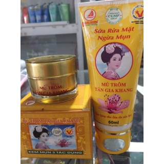 Bộ đôi kem mụn 3 tác dụng và sữa rửa mặt mũ trôm tân gia khang