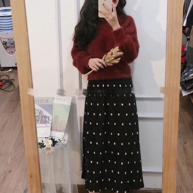Set áo len lông váy chấm bi