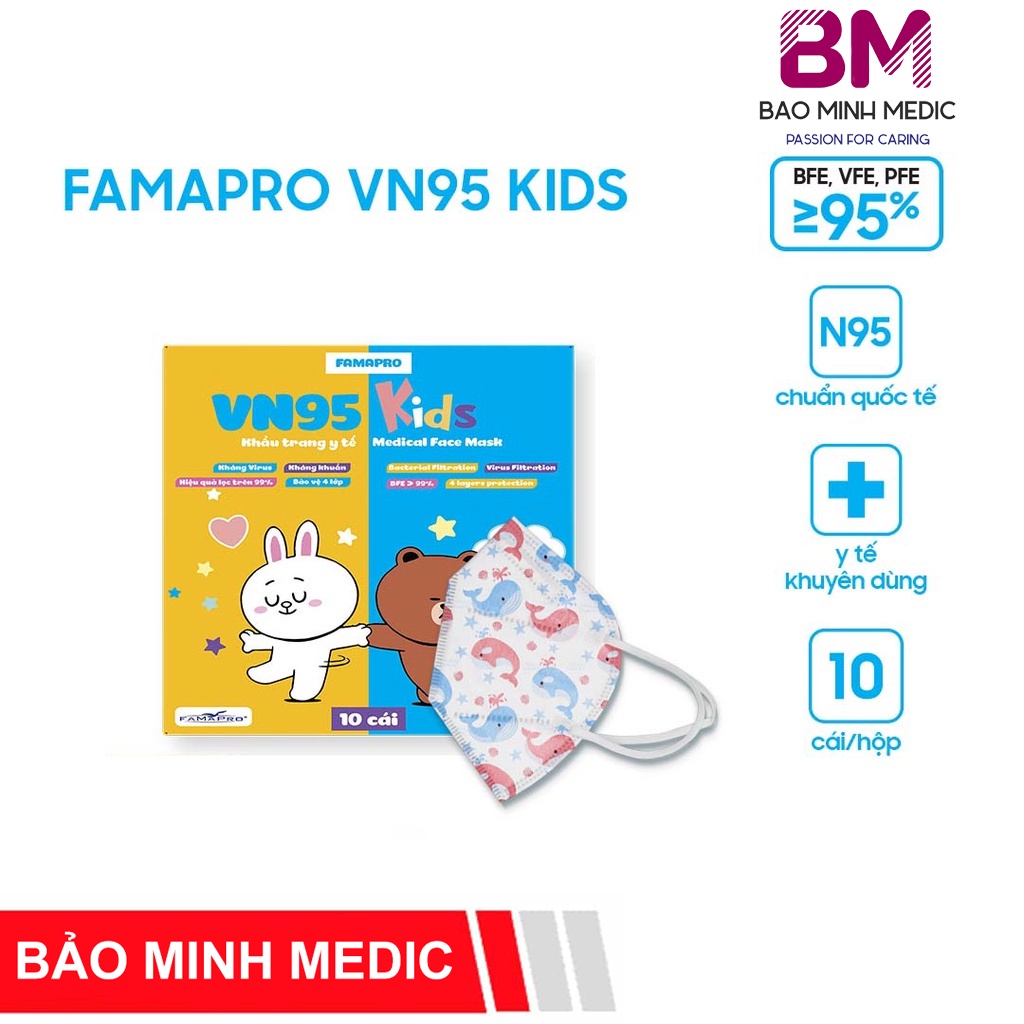[Mua lẻ giá sỉ] Khẩu trang y tế chính hãng cao cấp 4 lớp Famapro VN95 cho trẻ từ 3 đến 10 tuổi (10 cái/hộp)