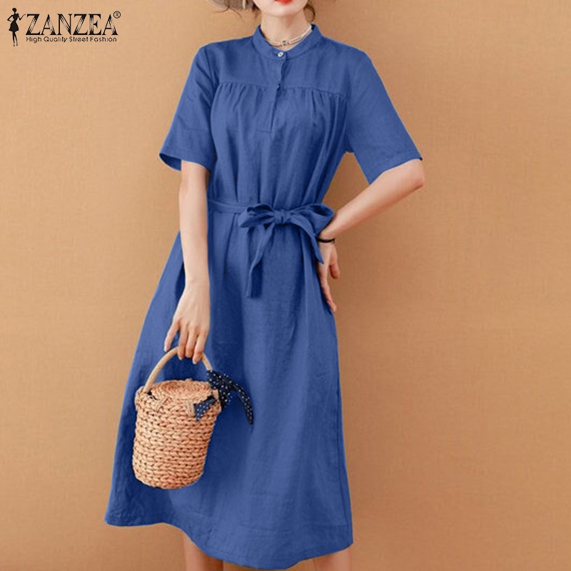 Đầm ZANZEA cổ đứng tay lửng màu trơn buộc dây thời trang cho nữ