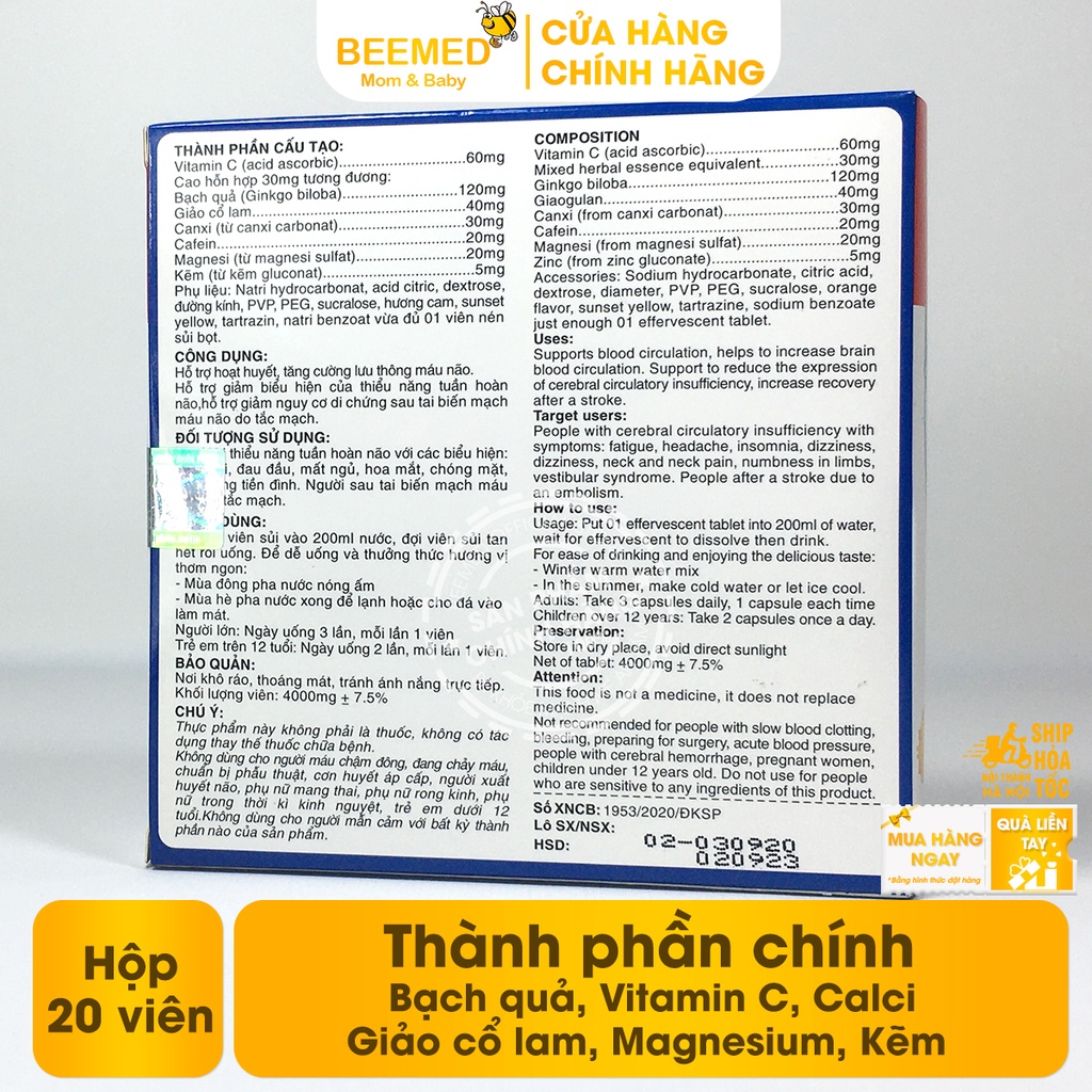 Hoạt huyết Ginkgomin plus Dạng sủi - tăng tuần hoàn não, giảm đau đầu từ Ginkgo Biloba, giảo cổ lam và maige