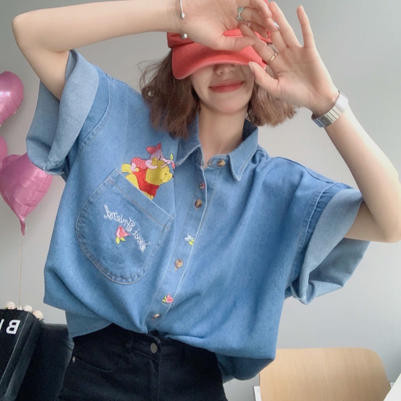 Áo Sơ Mi Tay Ngắn Thêu Hình Gấu Pooh Phong Cách Hàn Quốc Cho Nữ