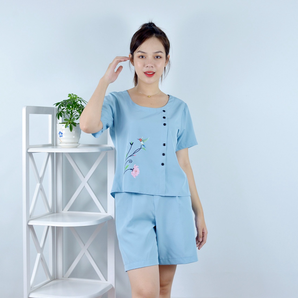 Bộ đồ nữ MÀU XÁM XANH IN HOA THÚ ĐIỂM NHẤN HÀNG NÚT   - vải lụa cao cấp - Cực Kì Sang Chảnh - Qúy phái