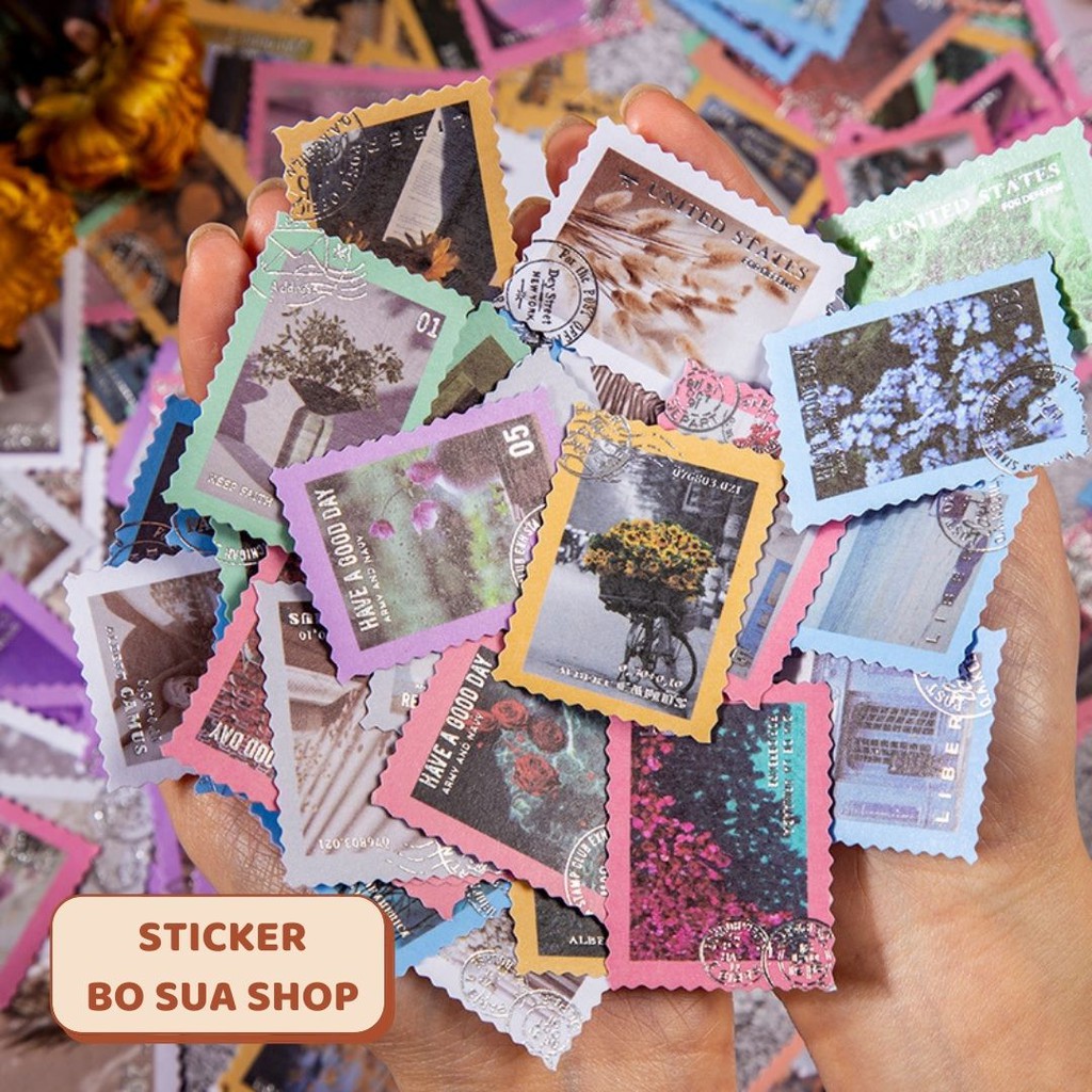Set 50 sticker tem thư ánh bạc cổ điển trang trí phong bì sổ tay ốp lưng phong cách Châu Âu