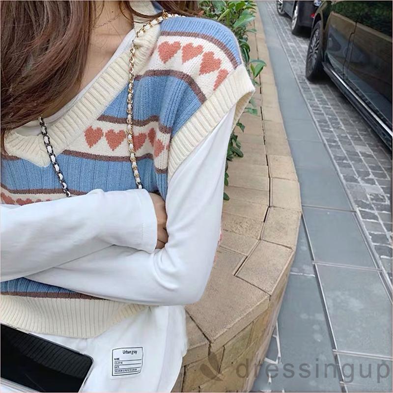 Đầm Dệt Kim Sát Nách Cổ Chữ V Dáng Rộng In Họa Tiết Trái Tim Xinh Xắn Cho Nữ