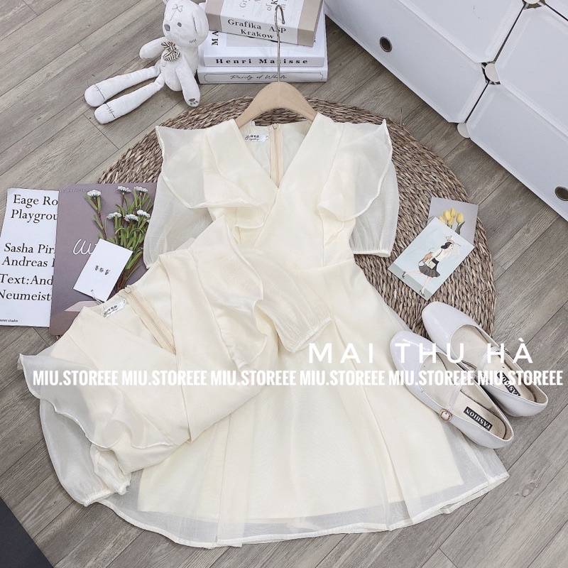 VÁY TƠ PHỐI BÈO DÁNG XOÈ HAI LỚP THẮT NƠ EO LƯNG VTBDPB