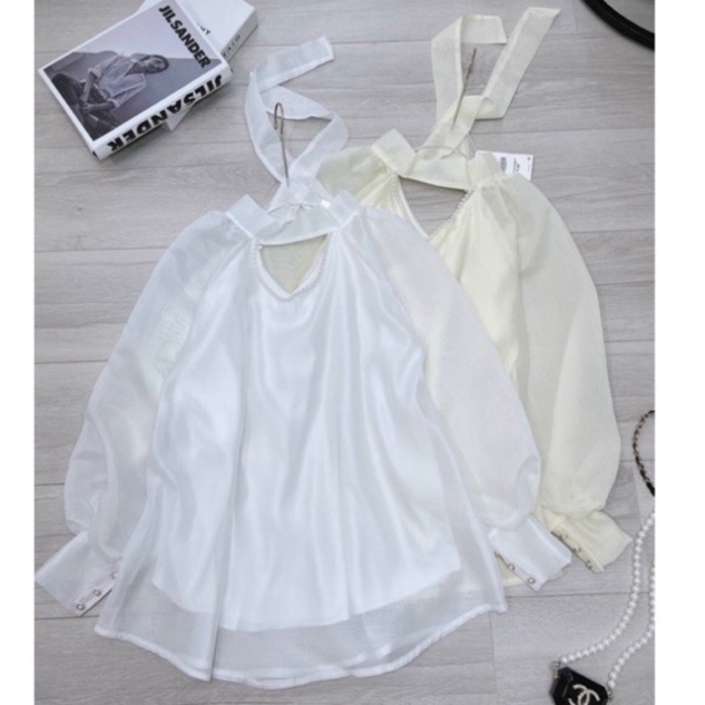 Áo sơ mi cổ phối ngọc dáng rộng hot hit_011 chất mát, phom đẹp, nội y xanh