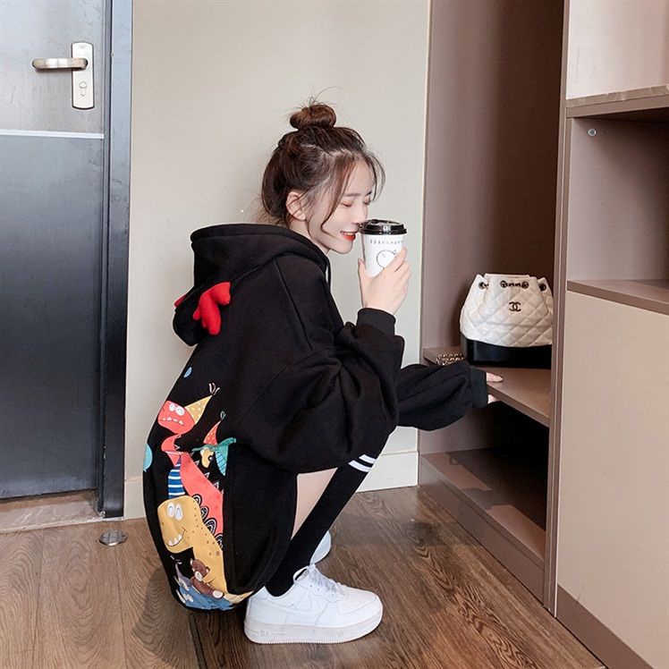 Áo Hoodie lót nhung form rộng phong cách Hàn Quốc cho nữ