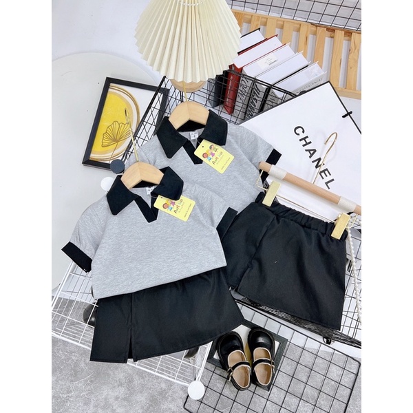 Sét áo polo chữ v cổ bẻ kẻm chân váy xẻ cách điệu cotton loại 1 cho bé gái từ 10-20kg💋