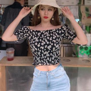 Women's Floral Print Ruched Short Sleeve T-shirt Off Shoulder Exposed Navel Crop Top