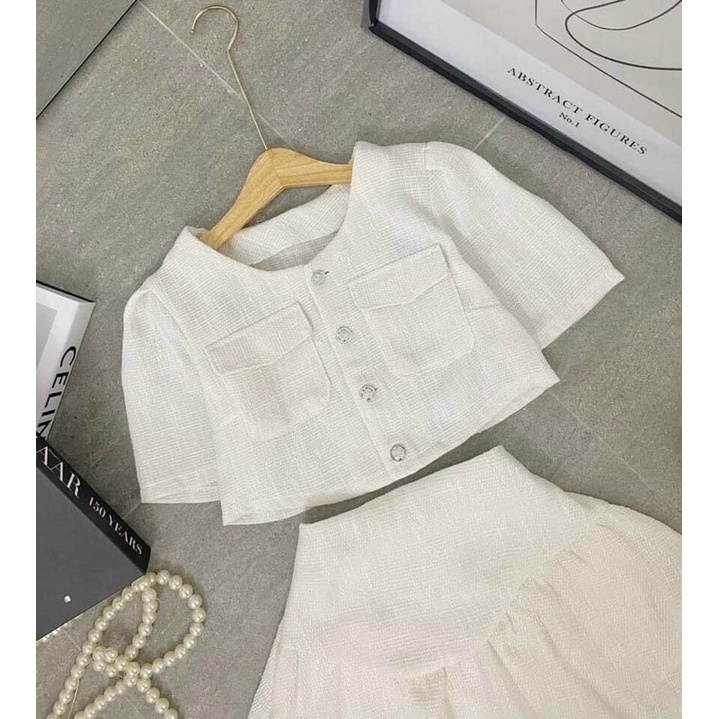 Sét Dạ Ngắn Trắng Váy Chun Xoè JARI-CLOTHES Đuôi Cá Tay Lửng Dễ Thương Phong Cách Hàn Quốc