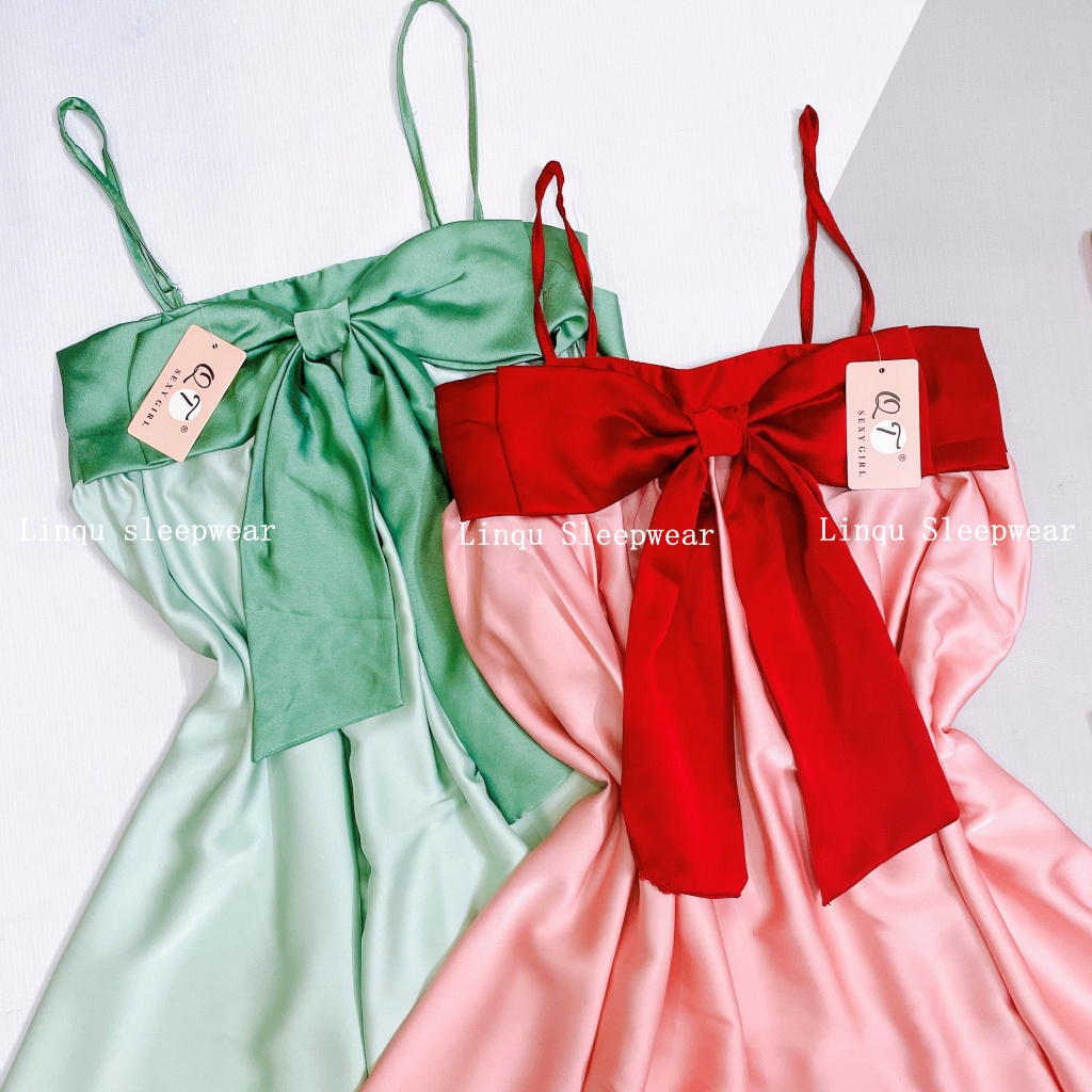Váy ngủ sexy - Váy ngủ sexy lụa satin cột nơ trước ngực dễ thương Freesize dưới 60kg