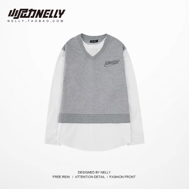 Áo dài tay 7109 giả 2 lớp Nelly Heybig unisex form rộng 39 12 100