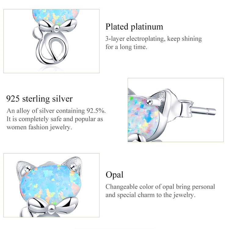 Khuyên tai BAMOER SCE828 bằng bạc 925 đính đá opal màu xanh dương hình mèo thời trang cho nữ