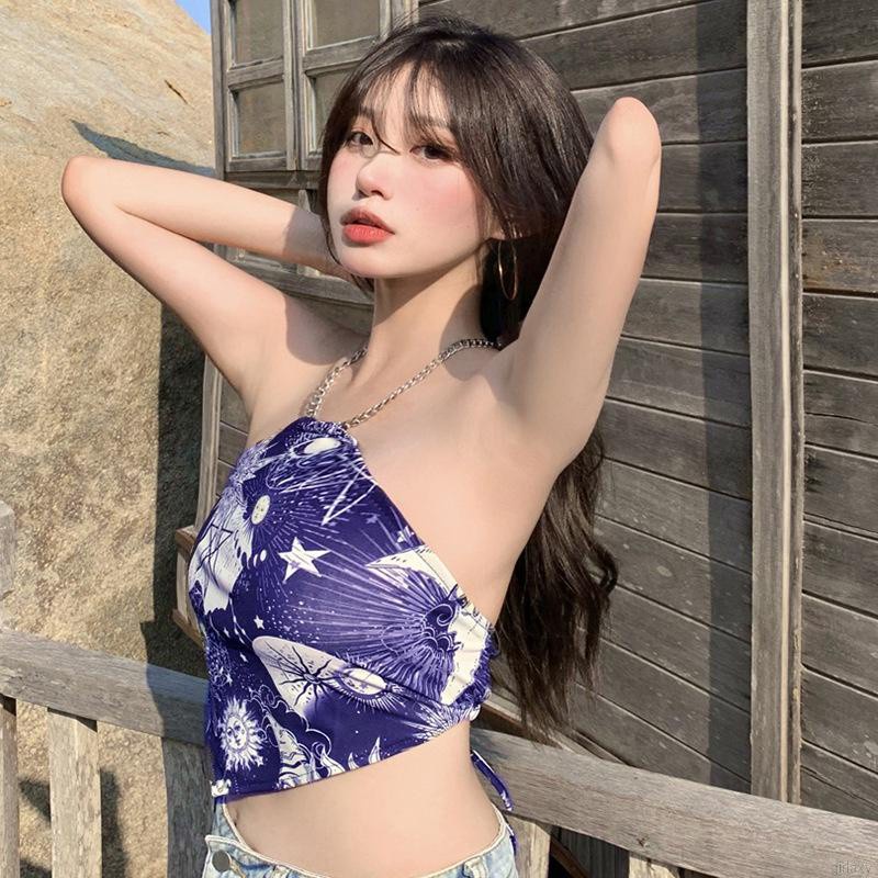 Áo croptop cổ yếm in họa tiết thời trang mùa hè cho nữ