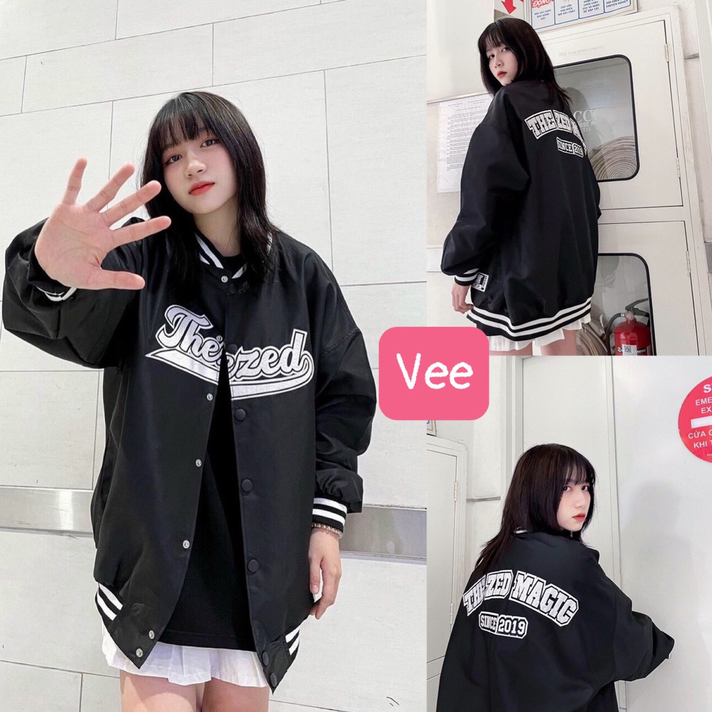 Áo bomber nữ bigsize họa tiết chữ THE ZED in 2 mặt xinh xắn/ Áo khoác thể thao phối viền dáng rộng unisex_veestore