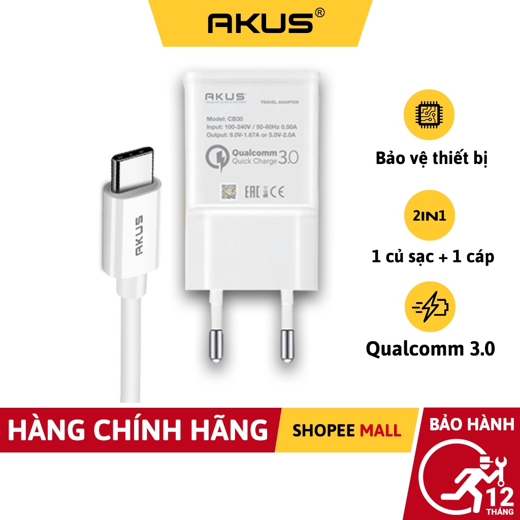 Combo sạc nhanh Akus CB30 chân micro và type C - HÀNG CHÍNH HÃNG BẢO HÀNH 12 THÁNG - Akus