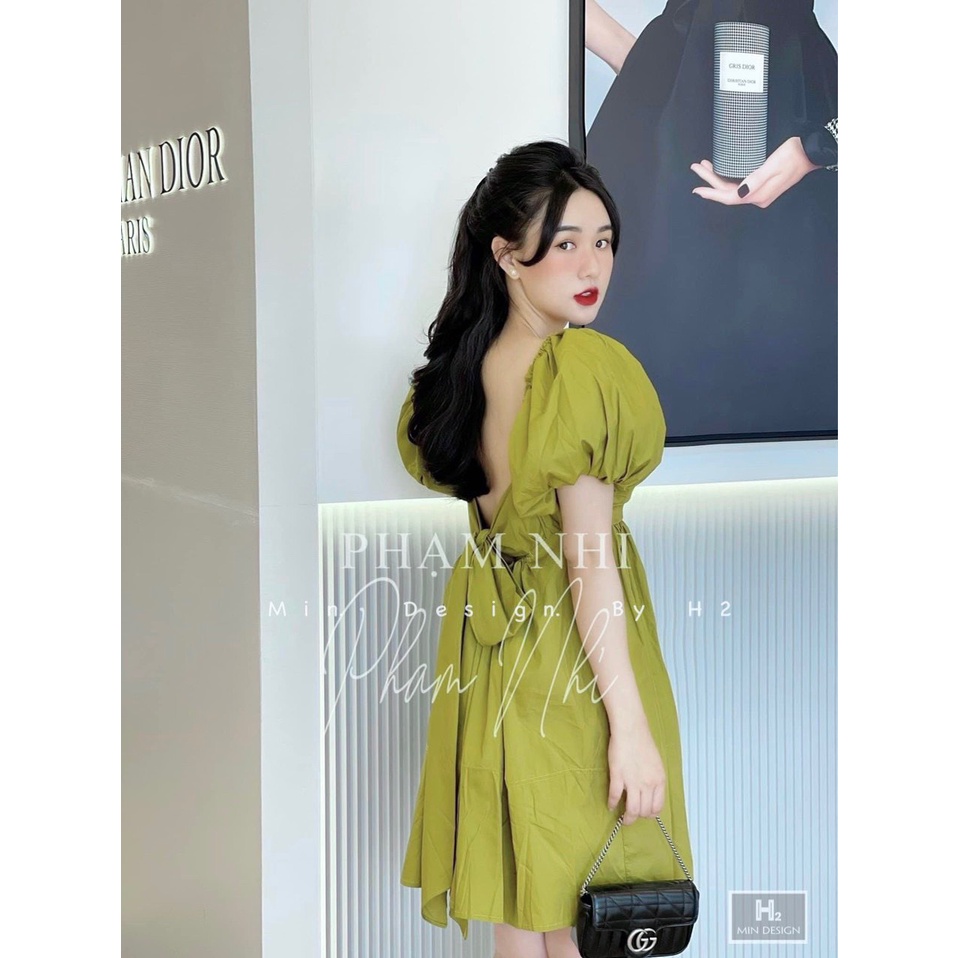 Váy babydoll Xanh cốm thắt nơ sau lưng cổ Vuông tay bồng dáng xòe hàng thiết kế sang chảnh dễ thương | BigBuy360 - bigbuy360.vn