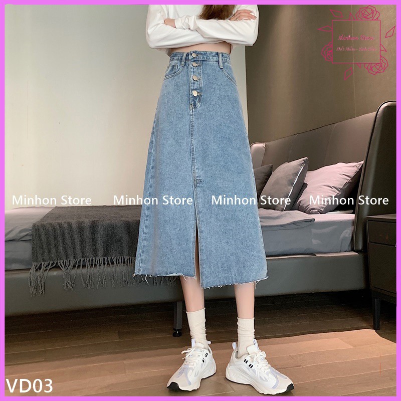 Đầm Bò, Chân Váy Bò Dài Xẻ Tà, Tà Lệch, 4 Hàng Cúc Thanh Lịch, Trẻ Trung (Minhon Store VD03)