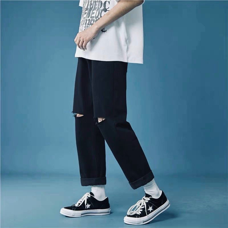 Quần bagyy jeans rách gối ống rộng đen